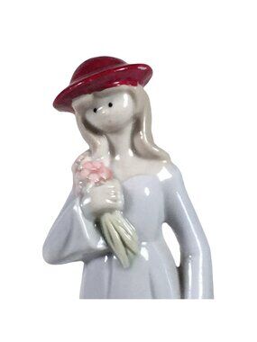 Vintage Ceramic Figurine Woman In Red Hat Holding Flowers 7" Tall Floral Details